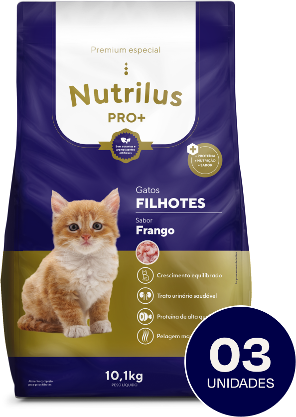 Ração Nutrilus Pro+ Frango para Gatos Filhotes - 10,1Kg (3 Pacotes)