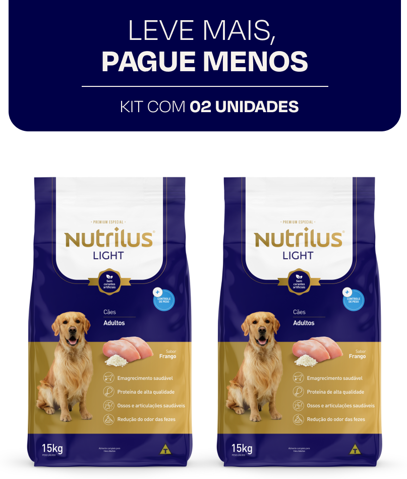 Ração Nutrilus Light Frango para Cães Adultos Raças Médias e Grandes - 15Kg (2 Pacotes)