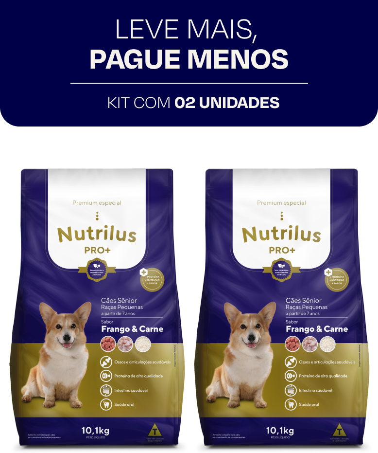Ração Seca Nutrilus Pro+ Frango & Carne para Cães Sênior de Raças Pequenas - 10,1Kg (2 Pacotes)