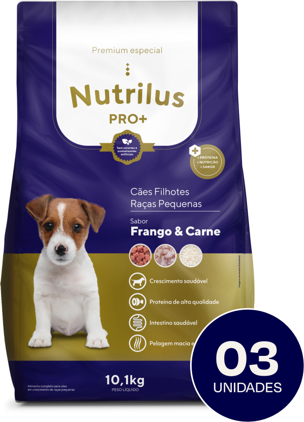 Ração Nutrilus Pro+ Frango & Carne para Cães Filhotes de Raças Pequenas - 10,1Kg (3 Pacotes)