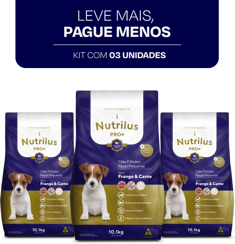 Ração Nutrilus Pro+ Frango & Carne para Cães Filhotes de Raças Pequenas - 10,1Kg (3 Pacotes)