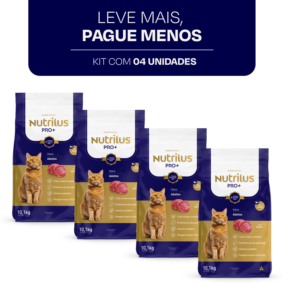 Ração Nutrilus Pro+ Carne para Gatos Adultos - 10,1Kg (4 Pacotes)