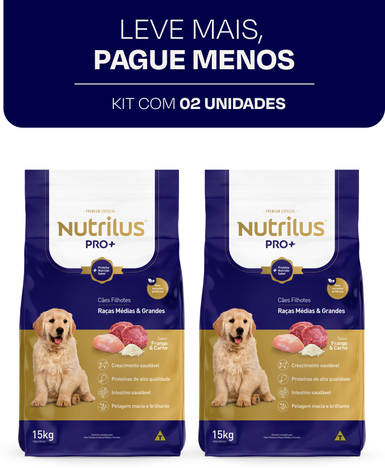 Ração Seca Nutrilus Pro+ Frango & Carne para Cães Filhotes de Raças Médias e Grandes - 15Kg (2 Pacotes)