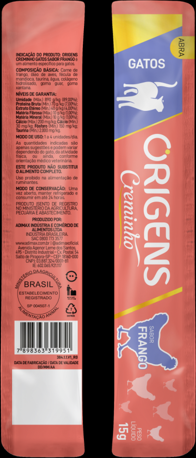 Petisco Cremoso Origens Creminho para Gatos Adutlos Sabor Frango - 1 Pacote (4 Unidades)