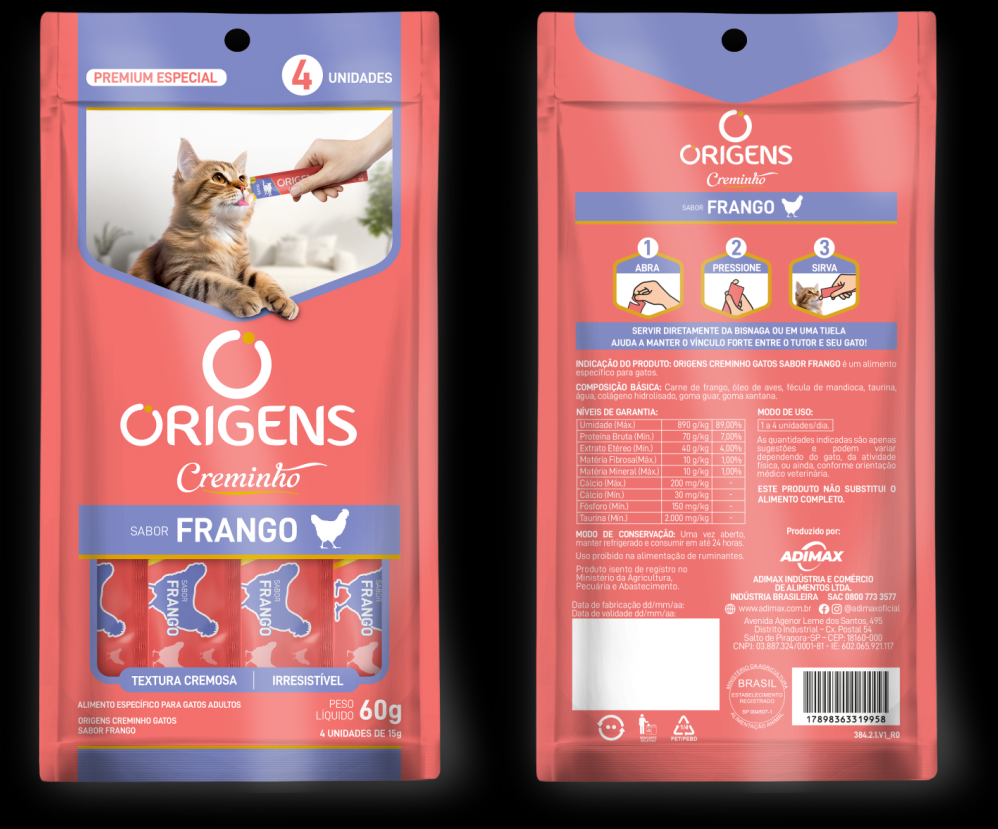 Petisco Cremoso Origens Creminho para Gatos Adutlos Sabor Frango - 1 Pacote (4 Unidades)