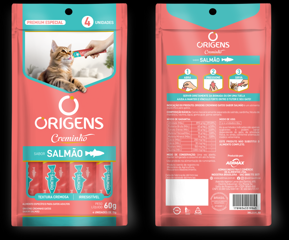 Petisco Cremoso Origens Creminho para Gatos Adutlos Sabor Salmão - 1 Pacote (4 Unidades)