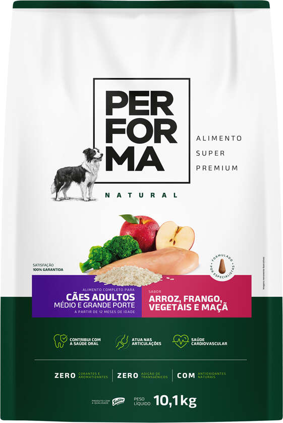 Ração Seca Performa Natural para Cães Adultos Raças Médias e Grandes sabor Frango e Vegetais - 10,1Kg