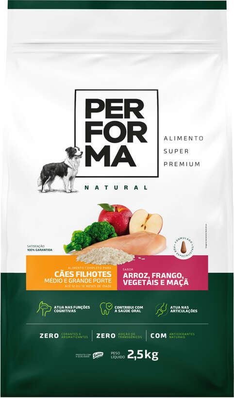 Ração Seca Performa Natural para Cães Filhotes Raças Médias e Grandes sabor Frango e Vegetais - 2,5Kg
