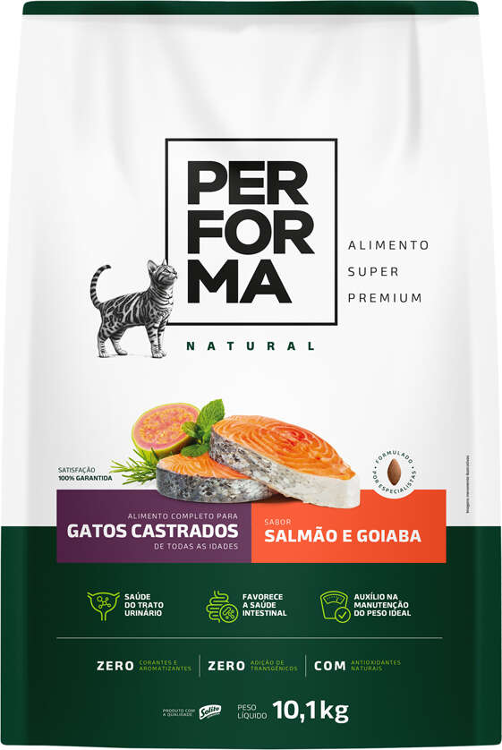 Ração Seca Performa Natural para Gatos Castrados sabor Peixe e Goiaba - 10,1Kg