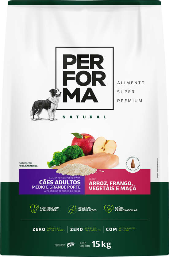Ração Seca Performa Natural para Cães Adultos Raças Médias e Grandes sabor Frango e Vegetais - 15Kg