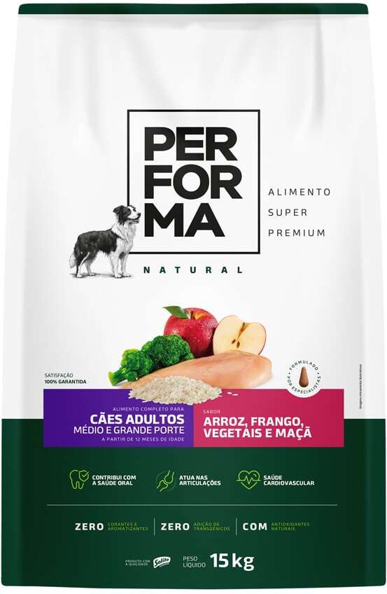 Ração Seca Performa Natural para Cães Adultos Raças Médias e Grandes sabor Frango e Vegetais - 15Kg