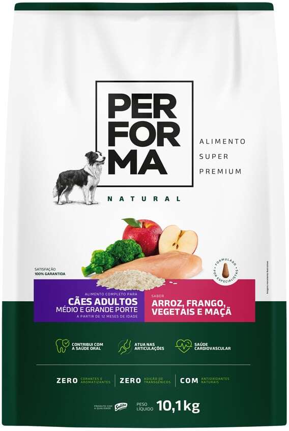 Ração Seca Performa Natural para Cães Adultos Raças Médias e Grandes sabor Frango e Vegetais - 10,1Kg