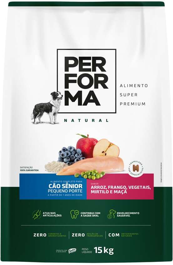 Ração Seca Performa Natural para Cães Sênior Raças Pequenas sabor Frango e Vegetais - 15Kg