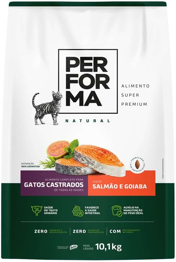 Ração Seca Performa Natural para Gatos Castrados sabor Peixe e Goiaba - 10,1Kg
