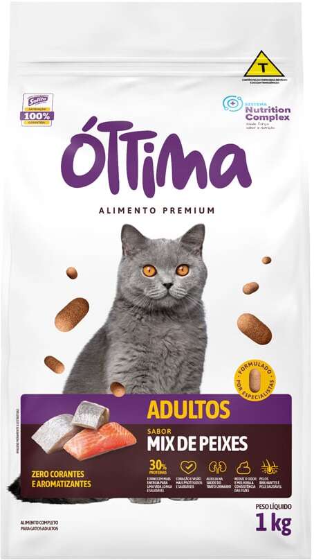 Ração Seca Óttima Premium para Gatos Adultos sabor Peixe - 1Kg