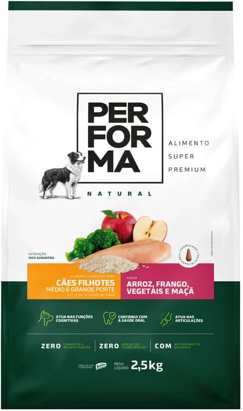 Ração Seca Performa Natural para Cães Filhotes Raças Médias e Grandes sabor Frango e Vegetais - 2,5Kg