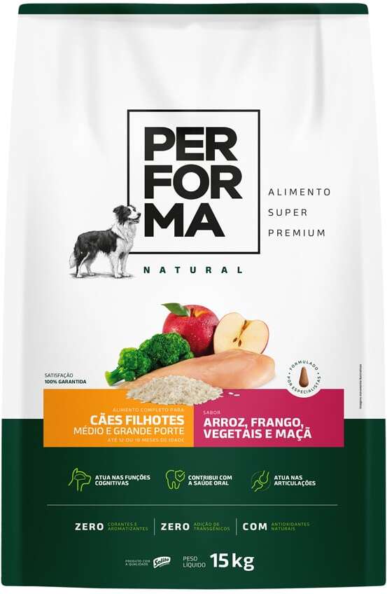 Ração Seca Performa Natural para Cães Filhotes Raças Médias e Grandes sabor Frango e Vegetais - 15Kg