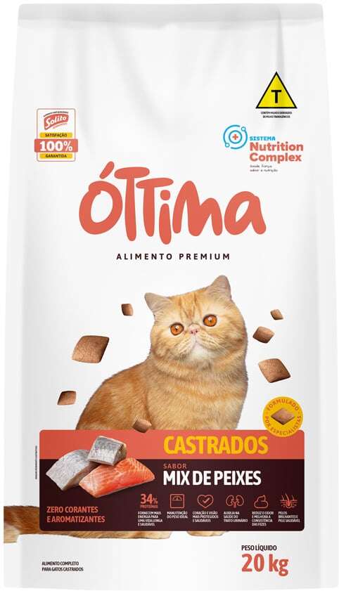 Ração Seca Óttima Premium para Gatos Castrados sabor Peixe - 20Kg
