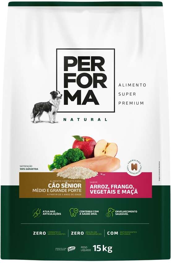 Ração Seca Performa Natural para Cães Sênior Raças Médias e Grandes sabor Frango e Vegetais - 15Kg