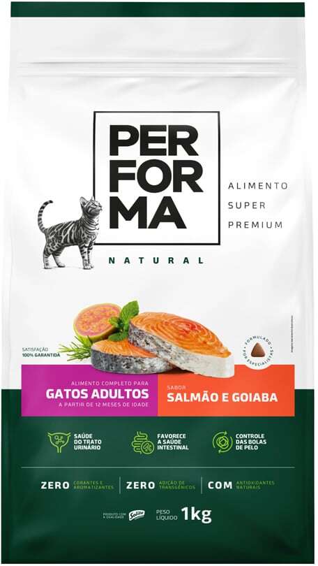 Ração Seca Performa Natural para Gatos Adultos sabor Peixe e Goiaba - 1Kg