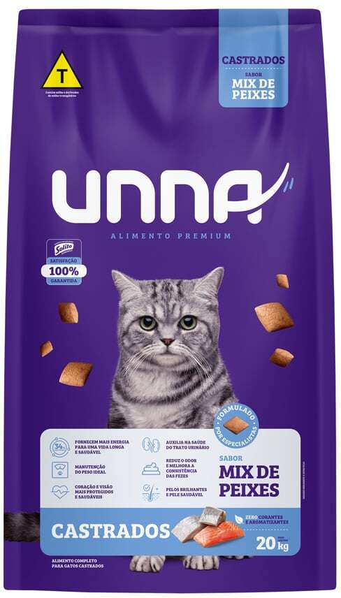 Ração Seca Unna Premium para Gatos Castrados sabor Peixe - 20Kg