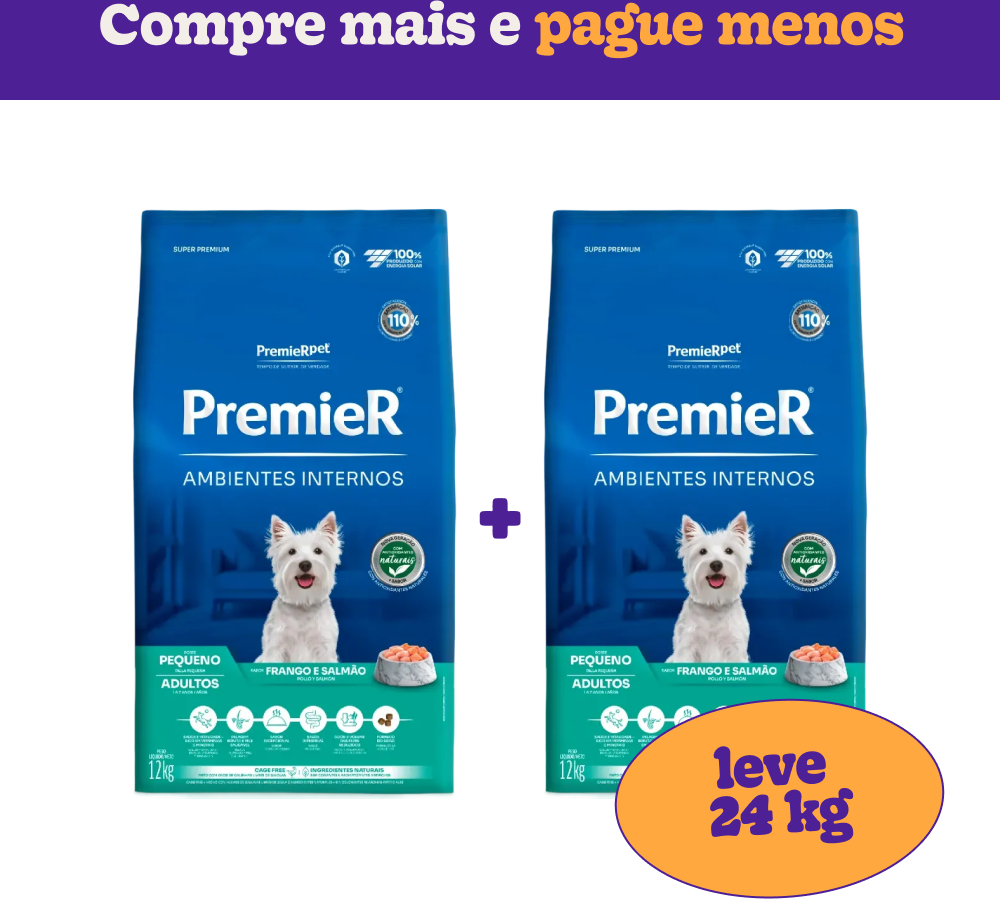 Ração Premier Pet Ambientes Internos Cães Adultos Frango e Salmão - 24Kg