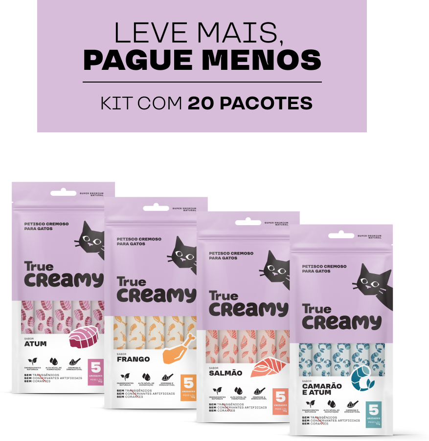 Kit Petisco Cremoso True Creamy Sabores Variados para Gatos - 20 Pacotes (100 Unidades)