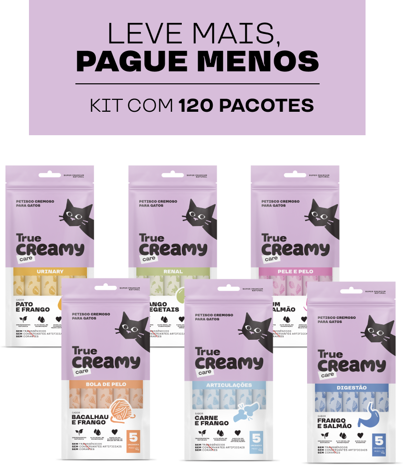 Kit Petisco Cremoso True Creamy Care Sabores Variados para Gatos - 120 Pacotes (600 Unidades)