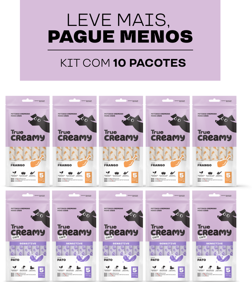 Kit Petisco Cremoso True Creamy Sabores Variados para Cães - 10 pacotes (50 unidades)
