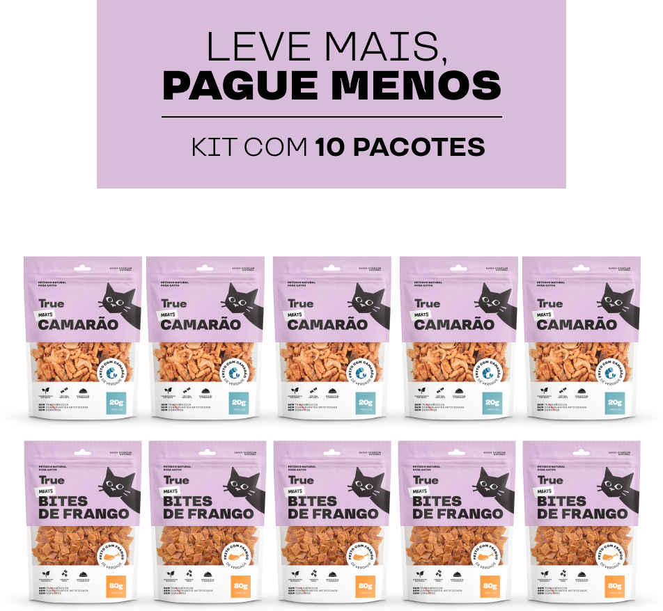 Kit Petisco Natural True Meats Mix Camarão e Bites de Frango para Gatos - 10 pacotes