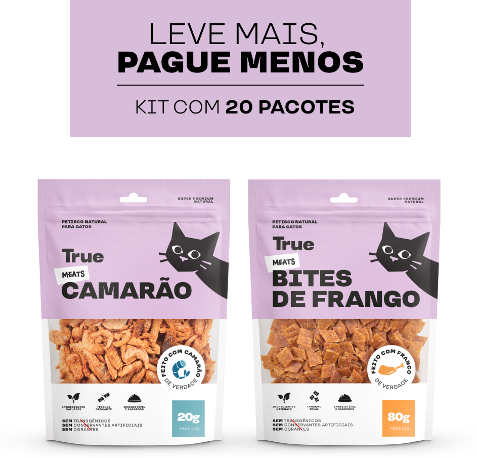 Kit Petisco Natural True Meats Mix Camarão e Bites de Frango para Gatos - 20 pacotes