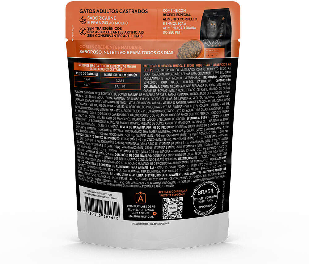 Ração Úmida Alinutri Receita Especial para Gatos Adultos Castrados - 70 g