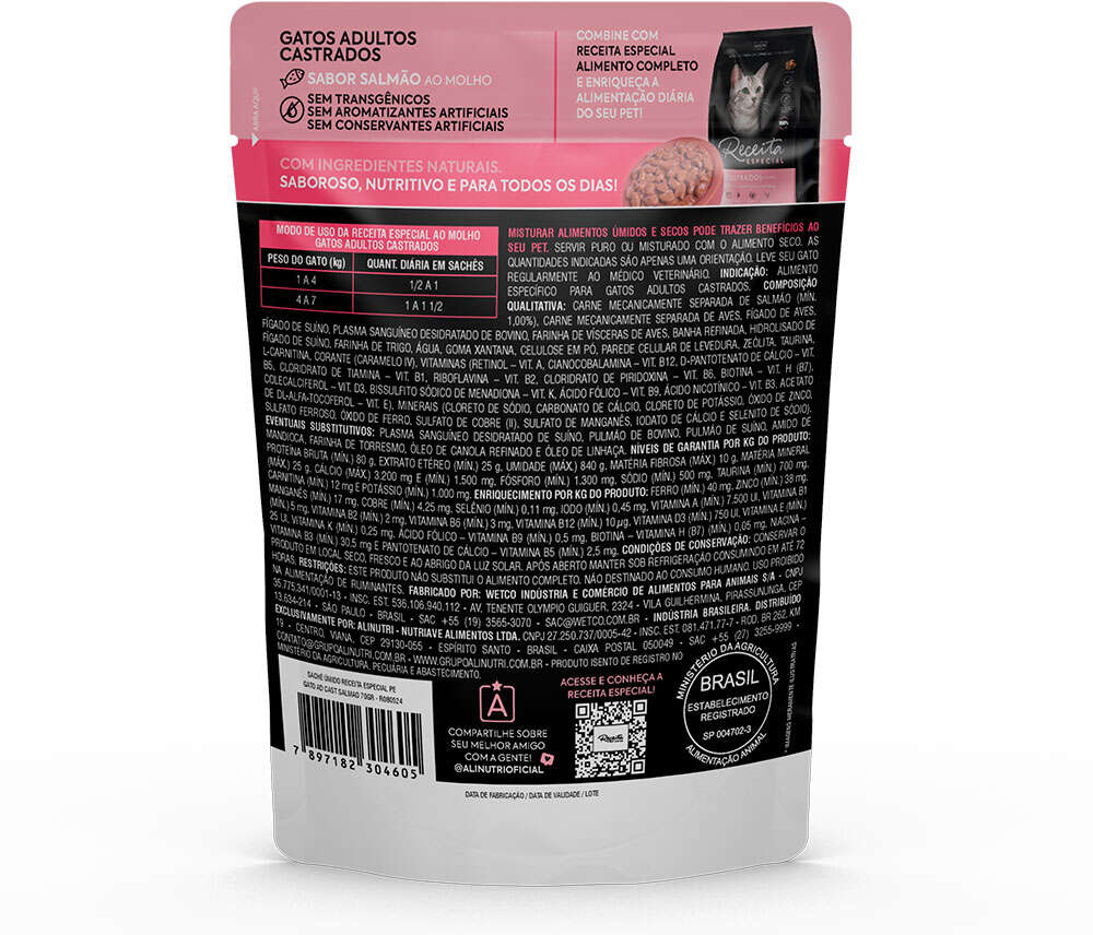 Ração Úmida Alinutri Receita Especial para Gatos Adultos Castrados Sabor Salmão - 70 g