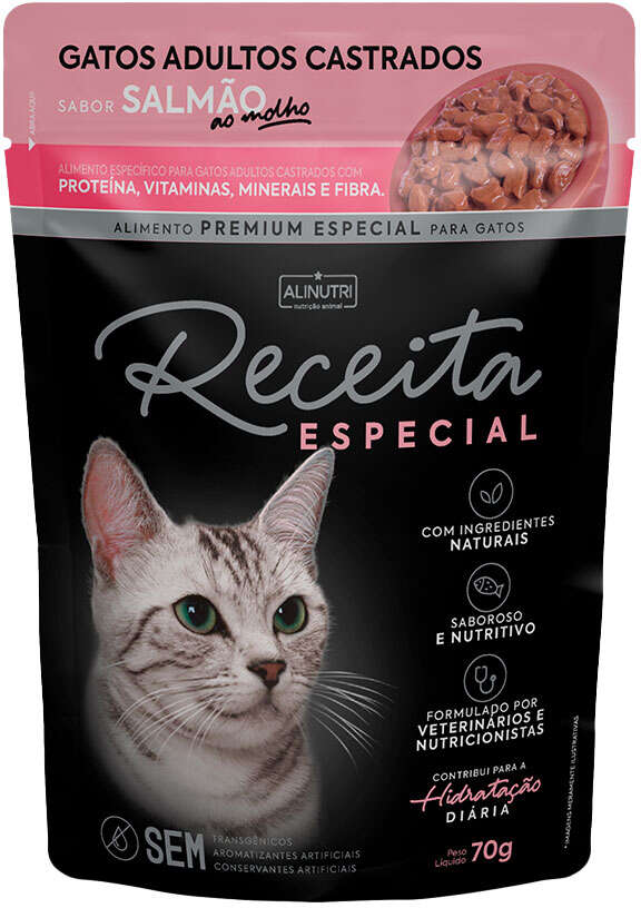 Ração Úmida Alinutri Receita Especial para Gatos Adultos Castrados Sabor Salmão - 70 g