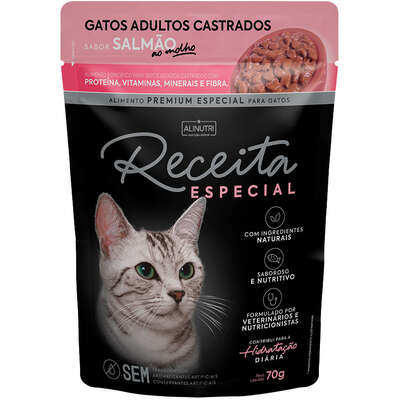 Ração Úmida Alinutri Receita Especial para Gatos Adultos Castrados Sabor Salmão
