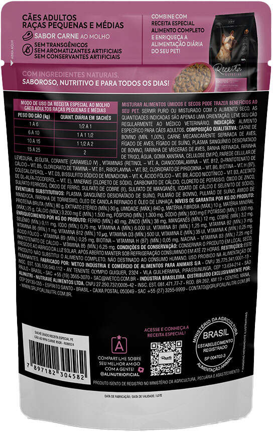 Ração Úmida Alinutri Receita Especial para Cães Adultos Raças Pequenas e Médias Sabor Carne - 85 g