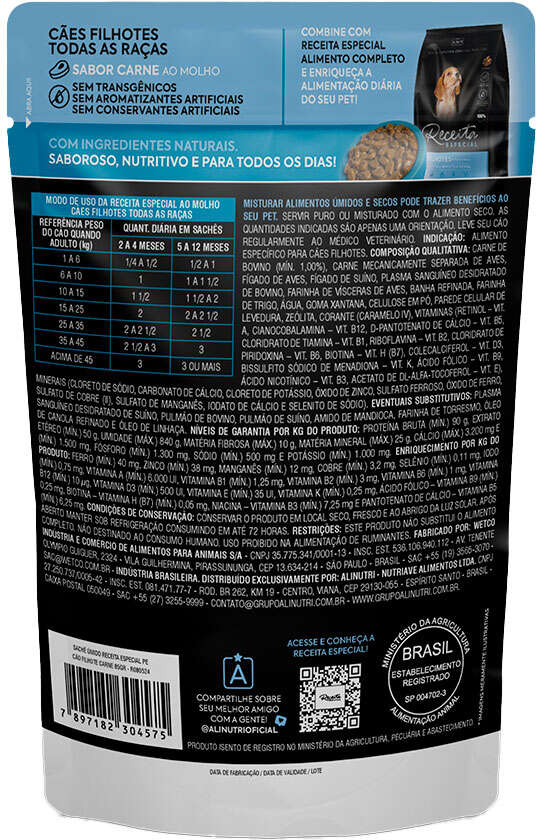 Ração Úmida Alinutri Receita Especial para Cães Filhotes Sabor Carne - 85 g