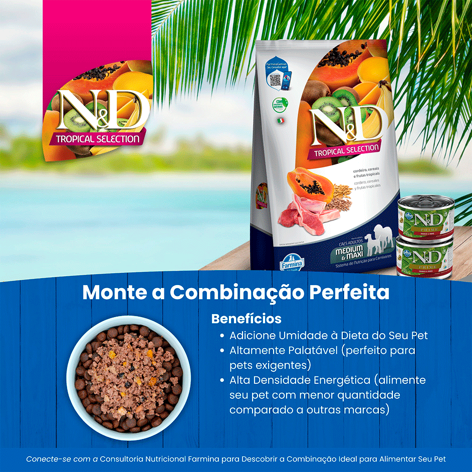 Ração Seca N&D Tropical Selection Cordeiro, Cereais e Frutas para Cães Adultos Raças Médias e Grandes - 2Kg + 500 g
