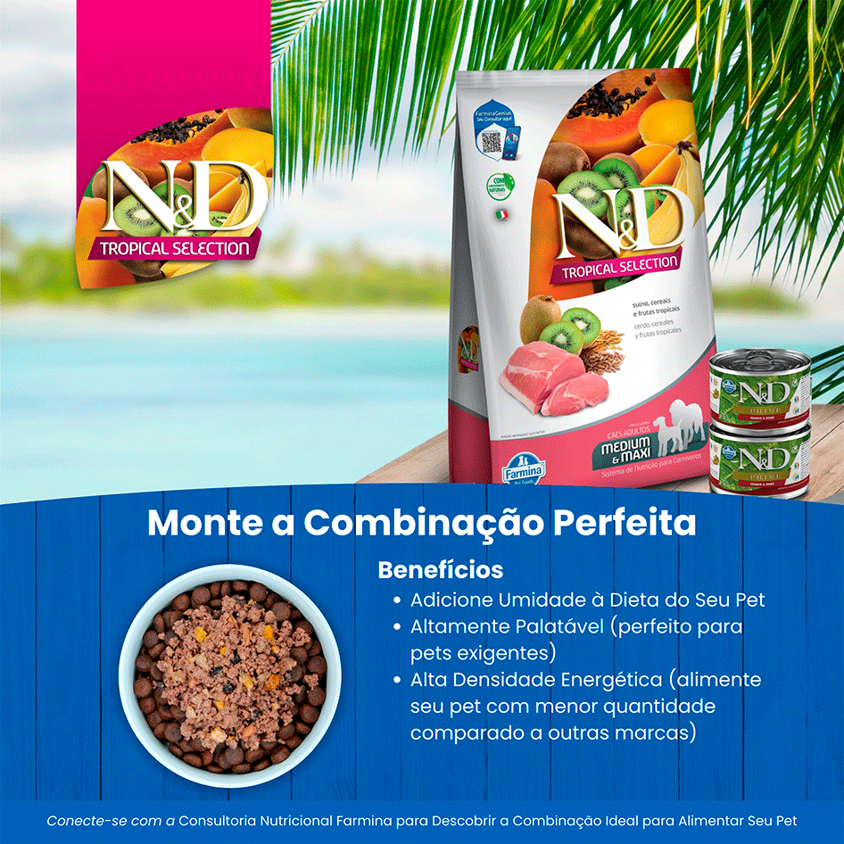 Ração Seca N&D Tropical Selection Suíno, Cereais e Frutas para Cães Adultos Raças Médias e Grandes - 2Kg + 500 g