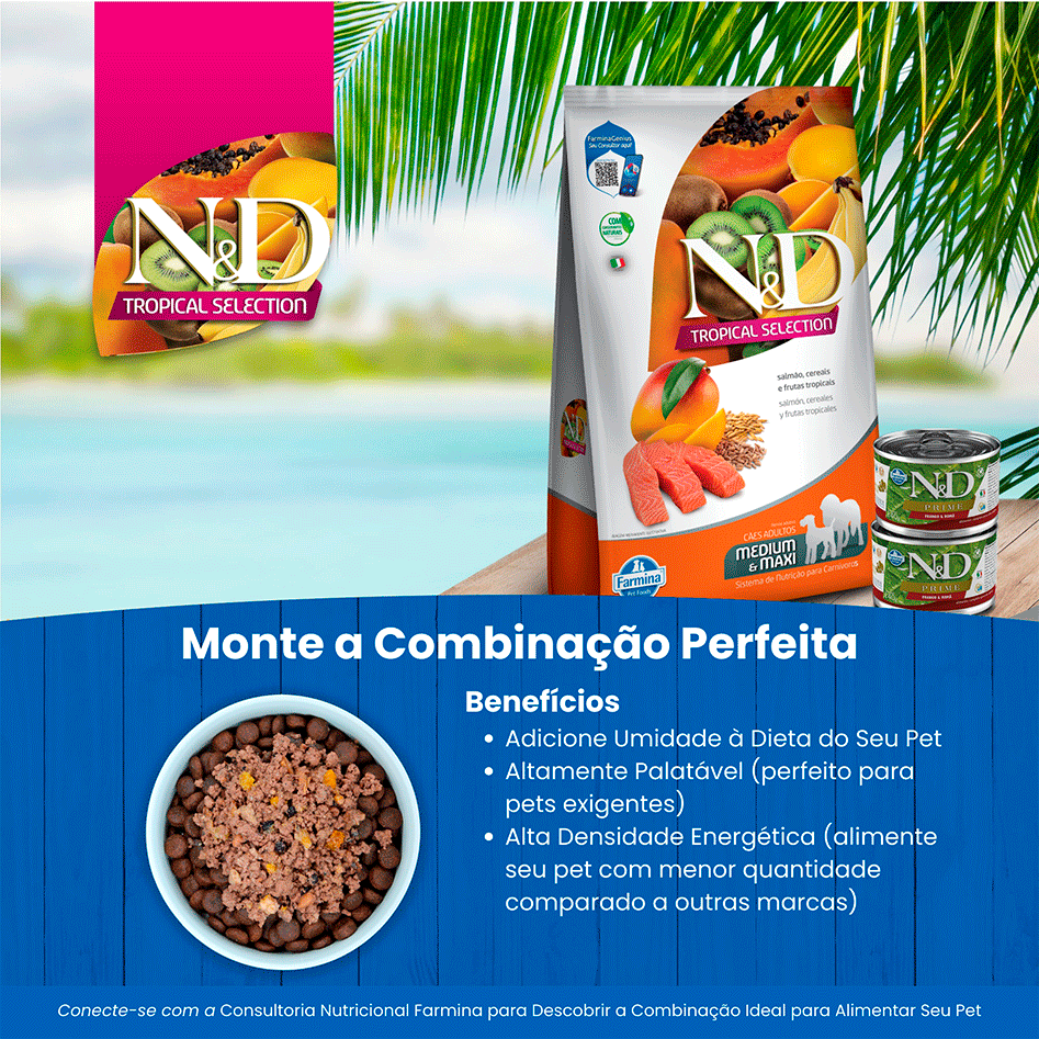 Ração Seca N&D Tropical Selection Salmão, Cereais e Frutas para Cães Adultos Raças Médias e Grandes - 2Kg + 500 g