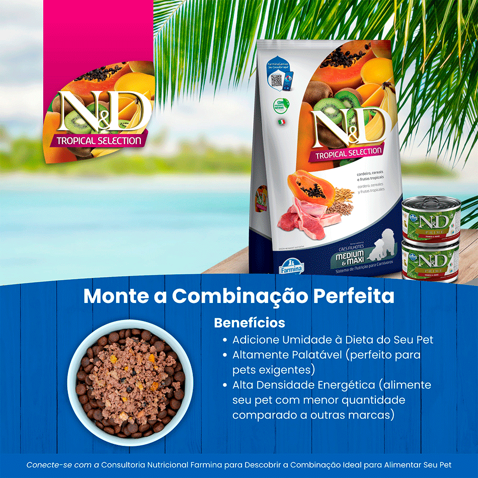 Ração Seca N&D Tropical Selection Cordeiro, Cereais e Frutas para Cães Filhotes Raças Médias e Grandes - 2Kg + 500 g