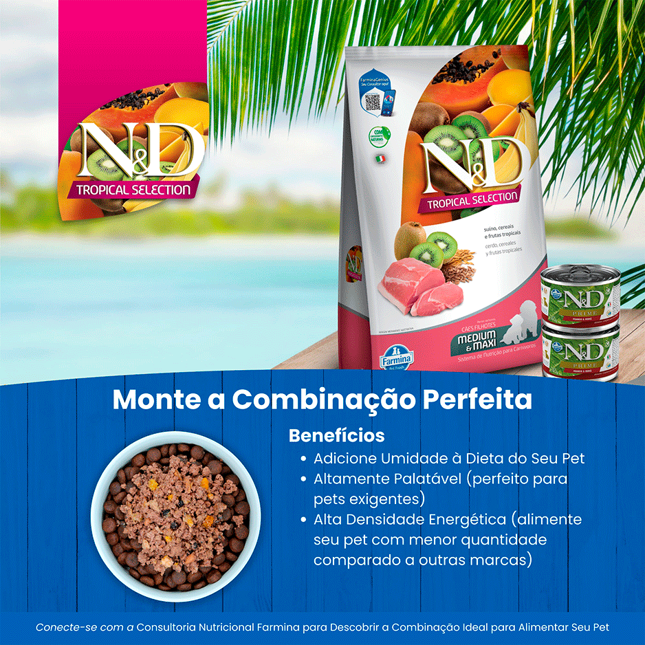 Ração Seca N&D Tropical Selection Suíno, Cereais e Frutas para Cães Filhotes Raças Médias e Grandes - 2Kg + 500 g