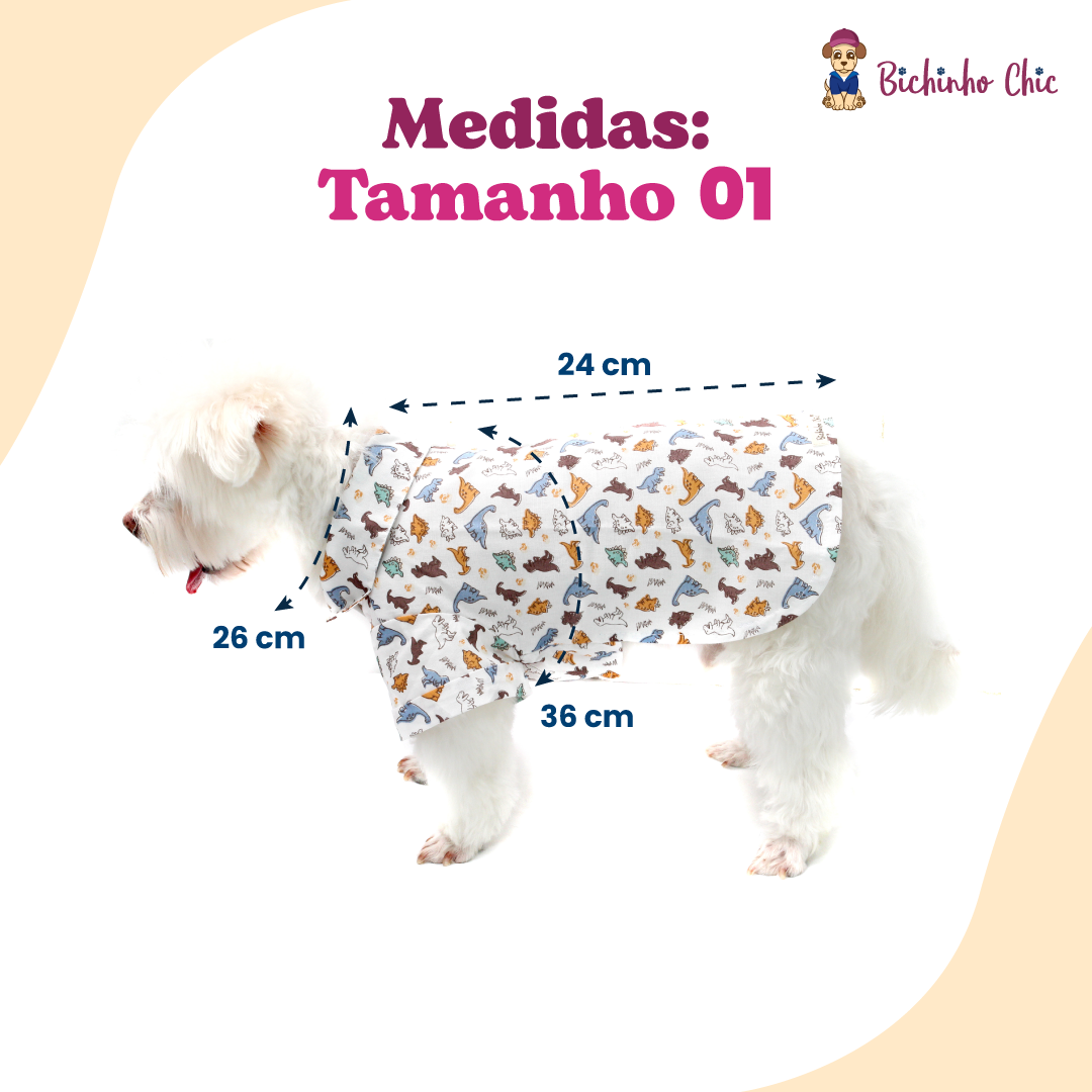 Camisa Bichinho Chic Dinossauro para Cães e Gatos Bege - Tam. 01