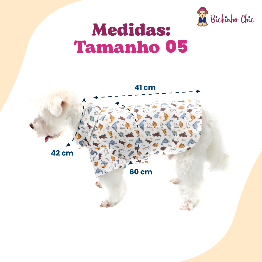 Camisa Bichinho Chic Dinossauro para Cães e Gatos Bege - Tam. 05