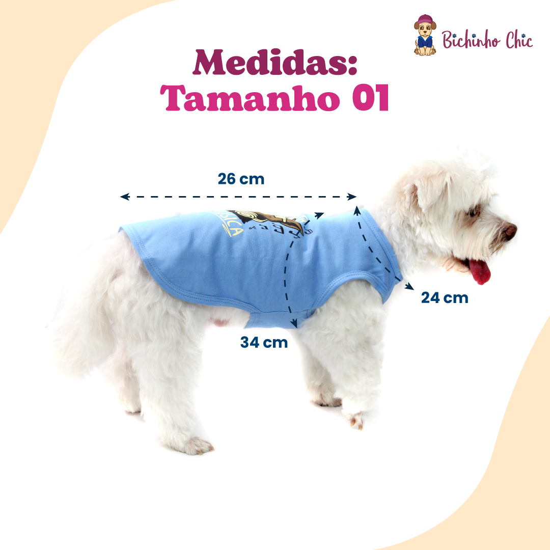 Camiseta Bichinho Chic Musica para Cães e Gatos Azul - Tam. 01