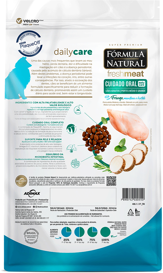 Ração Seca Fórmula Natural Fresh Meat Cuidado Oral para Cães Adultos Raças Média e Grande sabor Fango e Vegetais - 12Kg