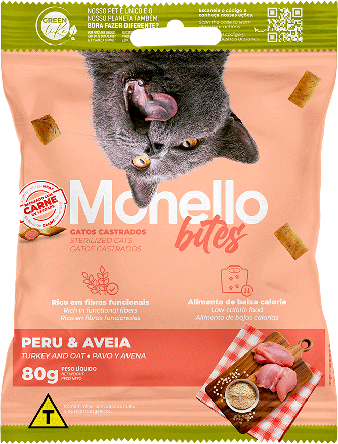 Petisco Mon Bites Monello Funcional para Gatos Castrados sabor Peru e Aveia - 80 g