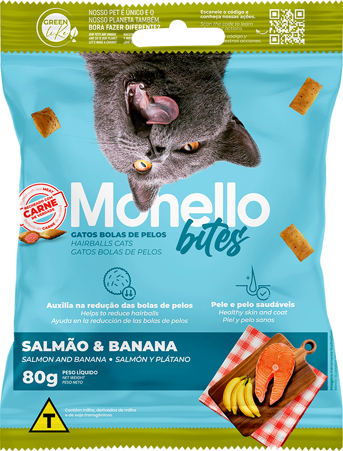 Petisco Mon Bites Monello Bolas de Pelo para Gatos Adultos sabor Salmão e Banana - 80 g