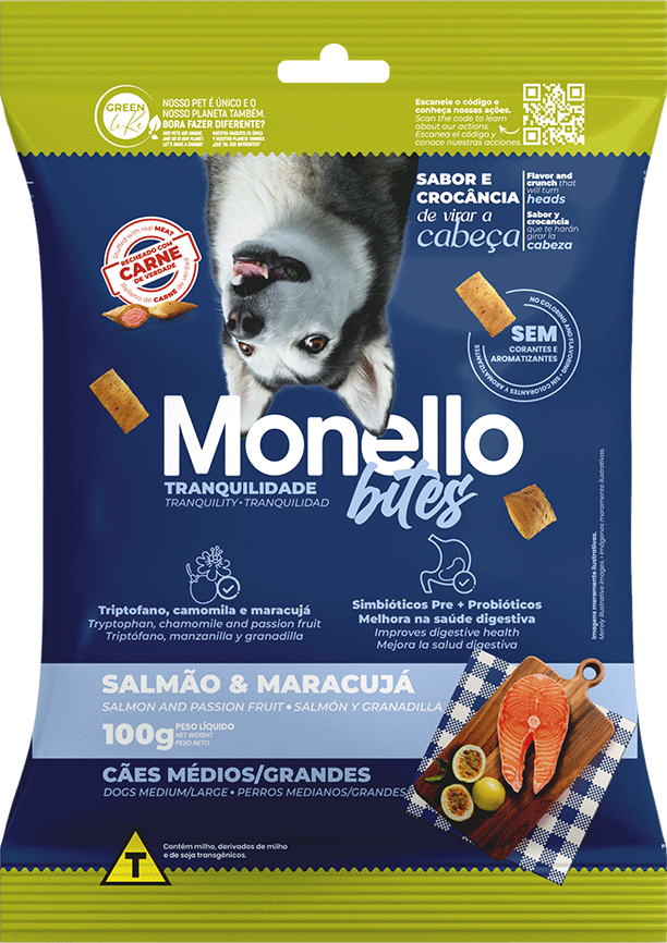 Petisco Mon Bites Monello Tranquilidade para Cães Adultos Raças Média e Grande sabor Salmão e Maracujá - 100 g