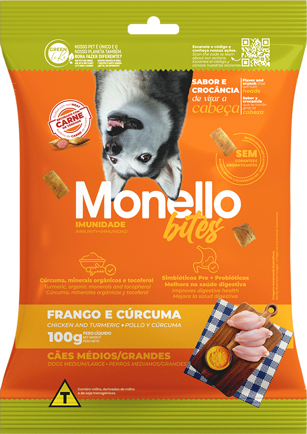 Petisco Mon Bites Monello Imunidade para Cães Adultos Raças Média e Grande sabor Frango e Cúrcuma - 100 g